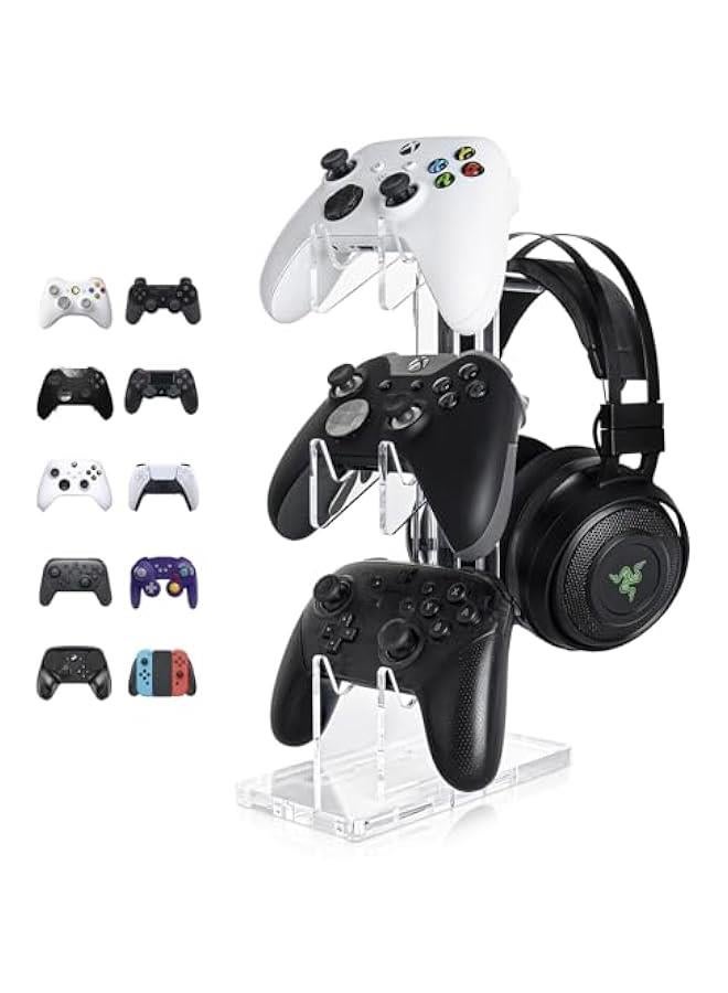 HOOKOR Universal 3 Tier Controller Holder and Headset Stand for PS4 PS5 Xbox ONE Switch, Controller Stand Gaming Accessories, Build Your Game Fortresses (Clear) - Image 1
