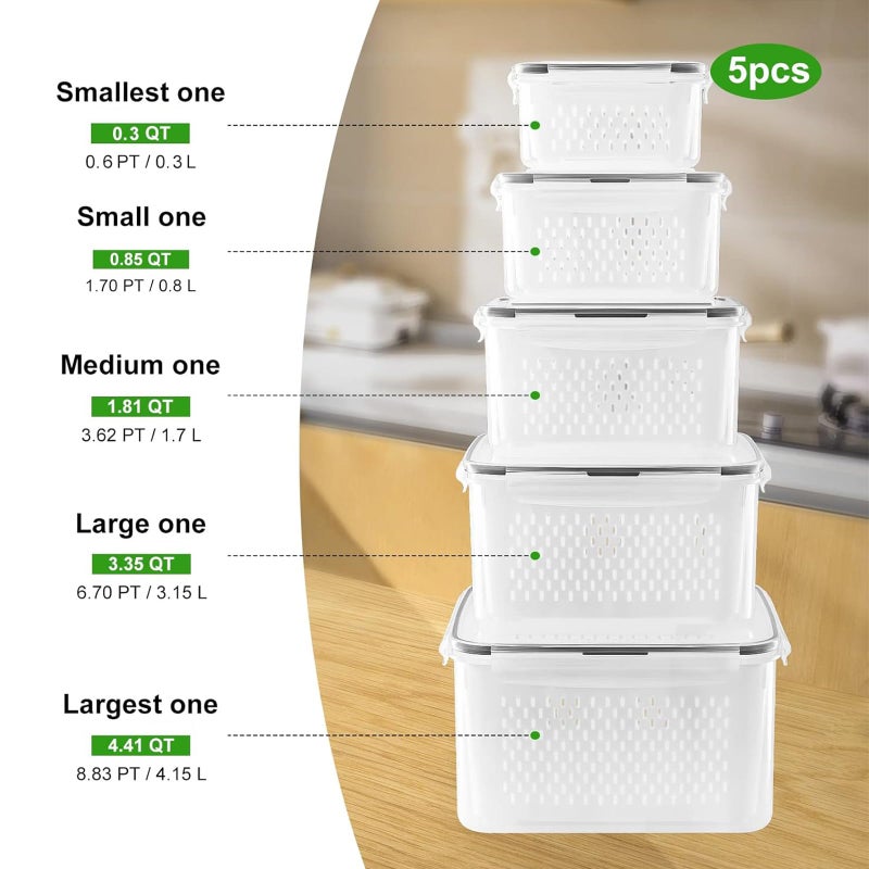 Freshmage 5 PCS Fruit storage Containers for Fridge with Removable Colander and Chopper Set, Leakproof Food Storage Containers with lids, Dishwasher & Microwave Safe Produce Containers to Keep Fruits Fresh ï»¿ - Image 2