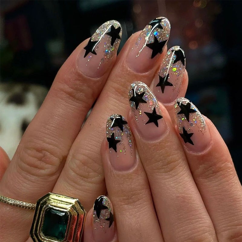 Generic Foreign Trade Wear Armor Short Almond Armor Finished 24 Star Glitter Manicure Tablets Removable Fake Nail Patch BZ1419 Flash Ink Star 