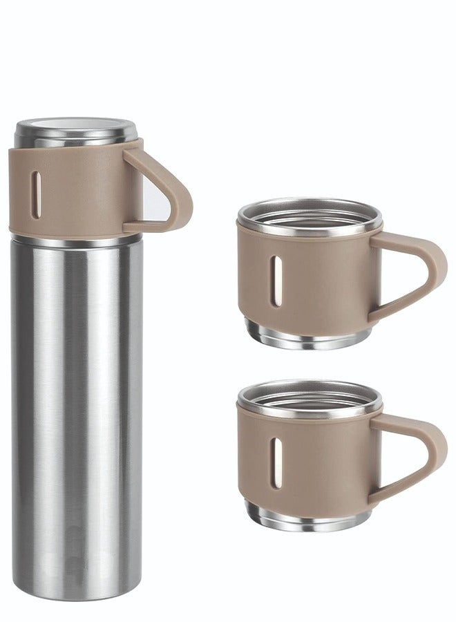 YANEK 500ml Stainless Steel Vacuum Thermos flask with Silicone Handle and Insulated Water bottle with 2 stainless steel cups set for Hot and Cold Outdoor travel | Gift box (1 PACK, BEIGE) - Image 1