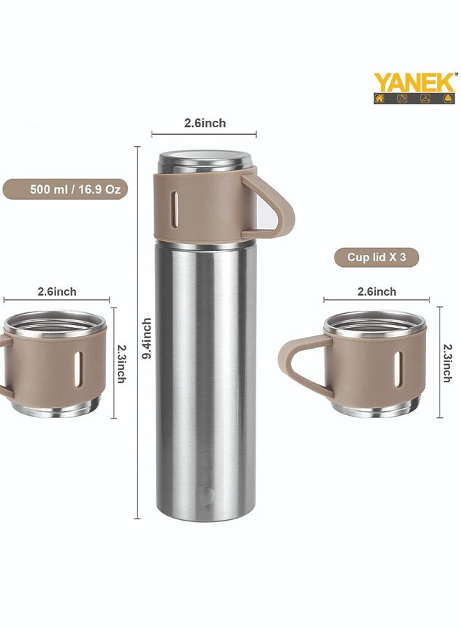 YANEK 500ml Stainless Steel Vacuum Thermos flask with Silicone Handle and Insulated Water bottle with 2 stainless steel cups set for Hot and Cold Outdoor travel | Gift box (1 PACK, BEIGE) - Image 2