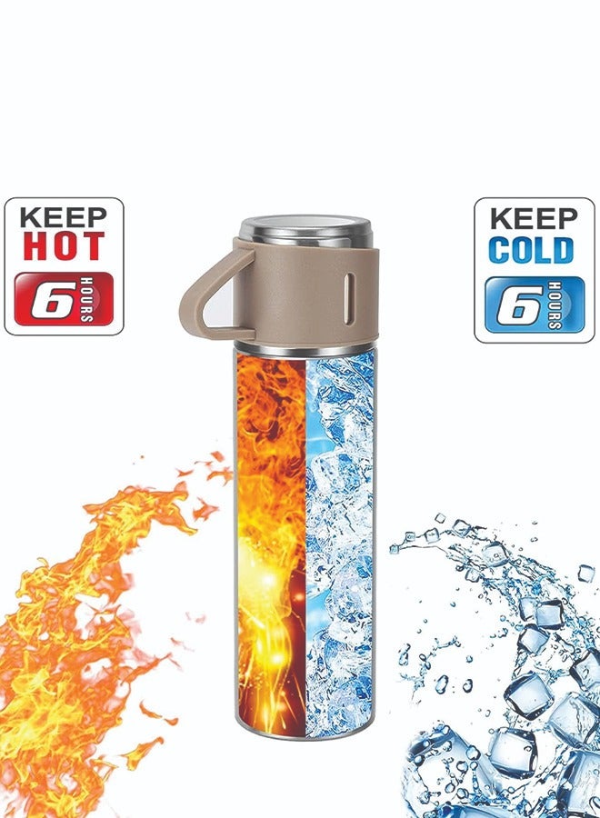 YANEK 500ml Stainless Steel Vacuum Thermos flask with Silicone Handle and Insulated Water bottle with 2 stainless steel cups set for Hot and Cold Outdoor travel | Gift box (1 PACK, BEIGE) - Image 3