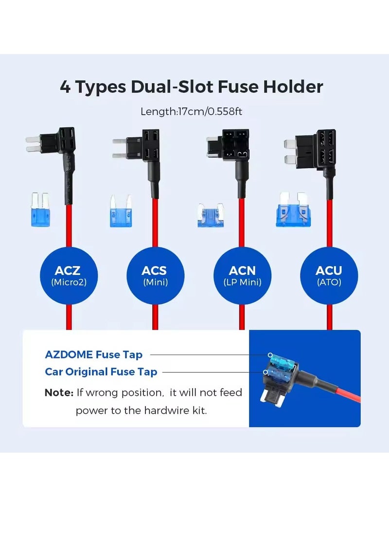 AZDOME JYX05 Dash Cam Hardwire Kit, Type C USB 3 Lead Hard Wire Kit for M300S Dashcam, Converts 12-24V to 5V/2.5A Low Voltage Protection for Dash Cameras