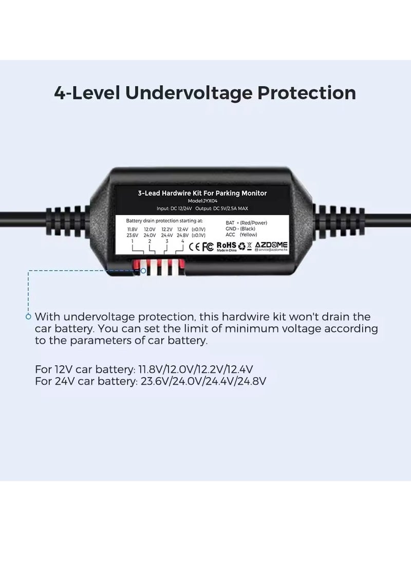 AZDOME JYX05 Dash Cam Hardwire Kit, Type C USB 3 Lead Hard Wire Kit for M300S Dashcam, Converts 12-24V to 5V/2.5A Low Voltage Protection for Dash Cameras