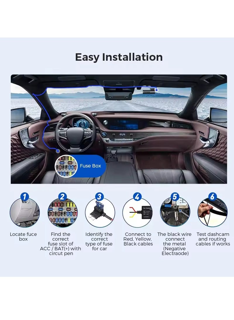 AZDOME JYX05 Dash Cam Hardwire Kit, Type C USB 3 Lead Hard Wire Kit for M300S Dashcam, Converts 12-24V to 5V/2.5A Low Voltage Protection for Dash Cameras
