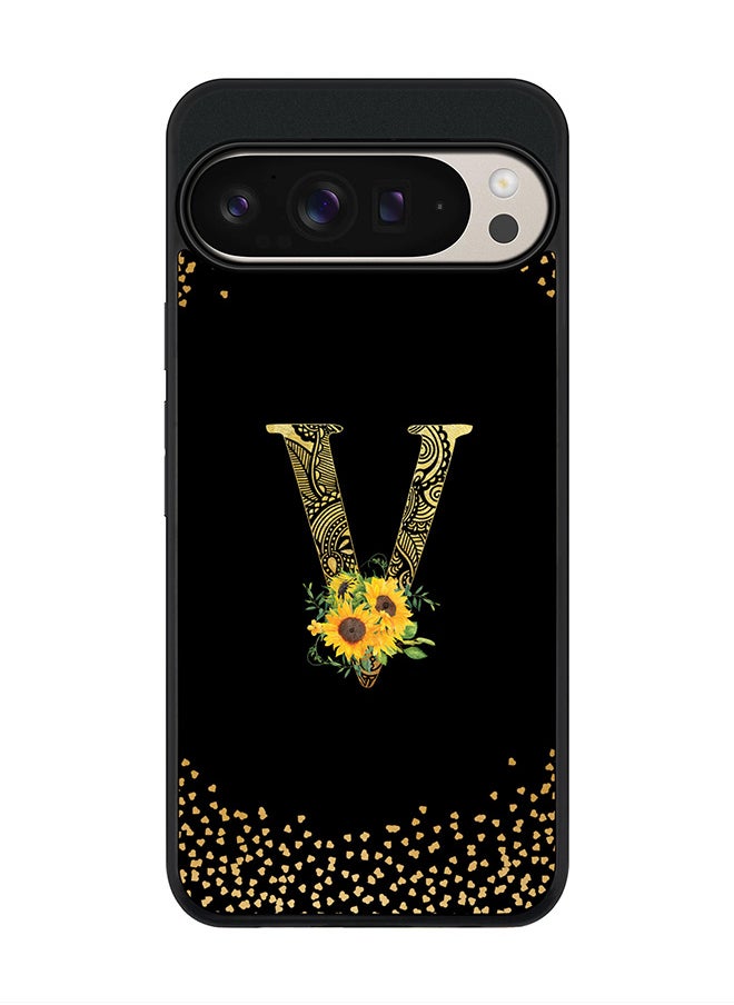 Stylizedd For Google Pixel 9 Pro XL Case,Slim fit Camera Protection, Shockproof Thin Phone cover - Custom Floral Monogram - V ( Black )  - Image 1