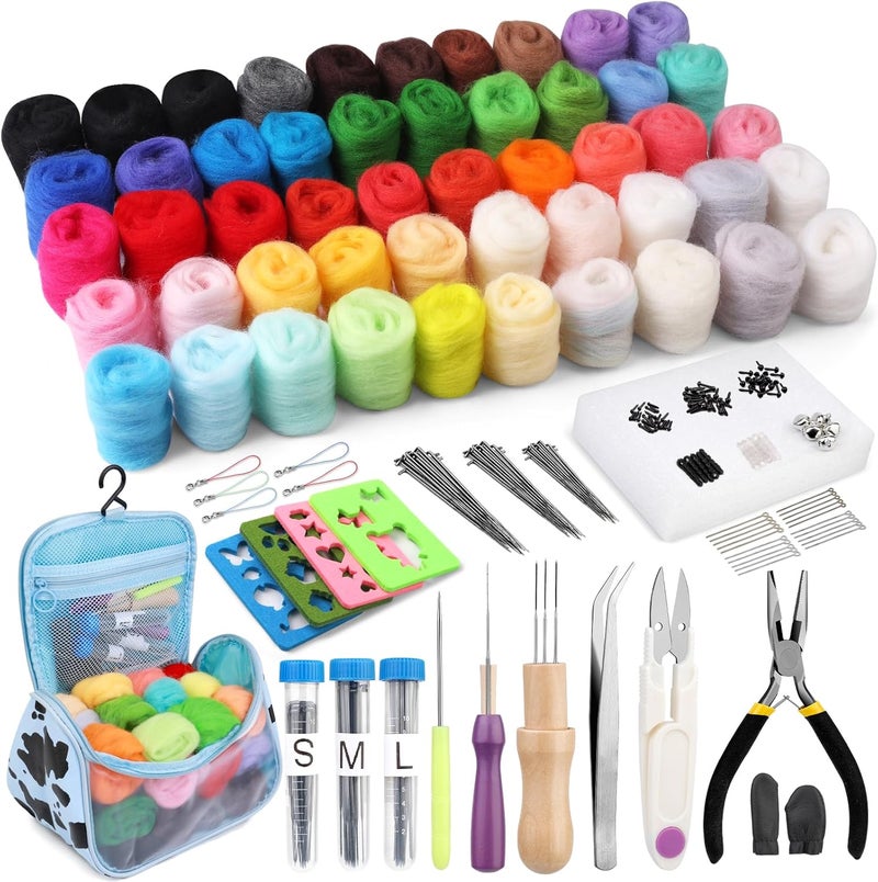 JUPEAN 228 Pcs Needle Felting Kit Wool Felting Tools for Beginner 50 Colors Wool Roving Starter Felting Kit with Felting Needles Foam Mat Needle Felting Supplies Storage Bag for DIY Craft Making - Image 1