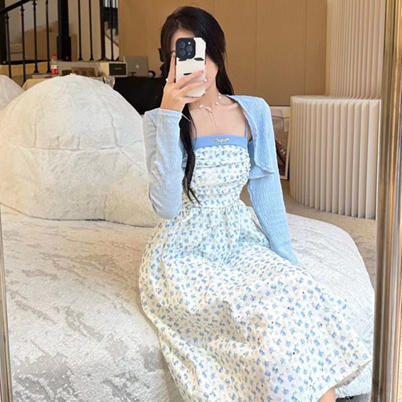 سترة كاردigan طويلة الأكمام قصيرة جاكيت مزهر فستان مزاج لطيف نحيف مجموعة من قطعتين - Image 3