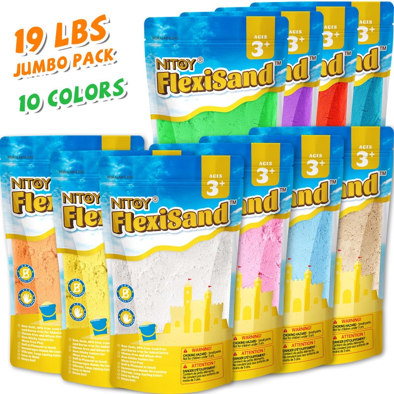 NiToy FlexiSand Value Pack 19lbs of 10 Colored Moldable Self-Sticking Sand, Never Dries Out-Fun for 3 Years and up Kids Bulk Refill for Sensory Sand Box Toys, Ideal for Shaping, Squeezing and Molding - Image 4