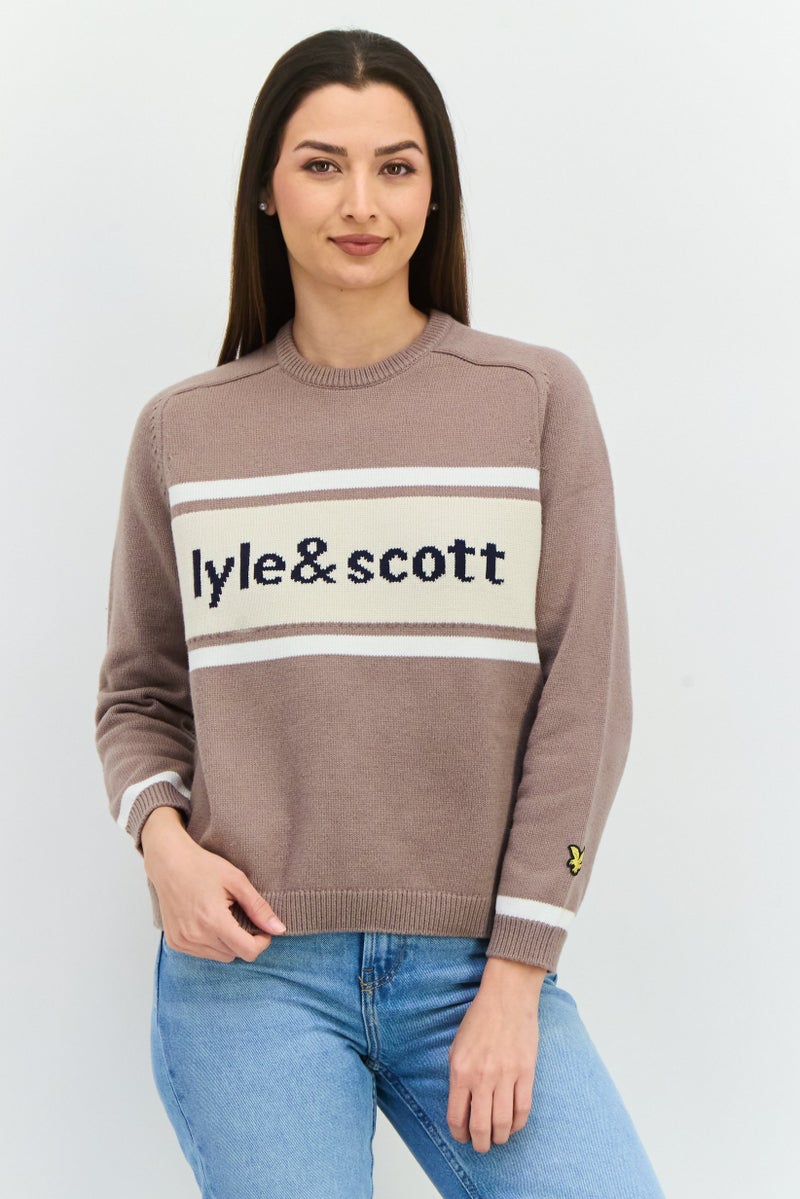 Lyle & Scott Women Crew Neck Brand Logo Sweater, Taupe - Image 1