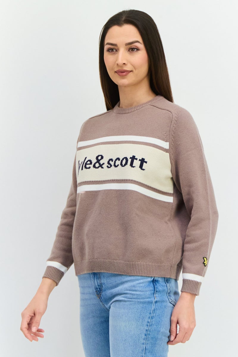 Lyle & Scott Women Crew Neck Brand Logo Sweater, Taupe - Image 2