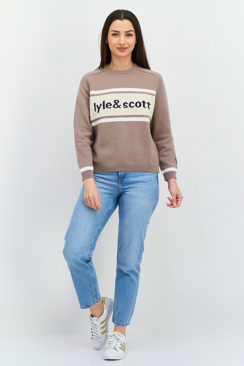 Lyle & Scott Women Crew Neck Brand Logo Sweater, Taupe - Image 4