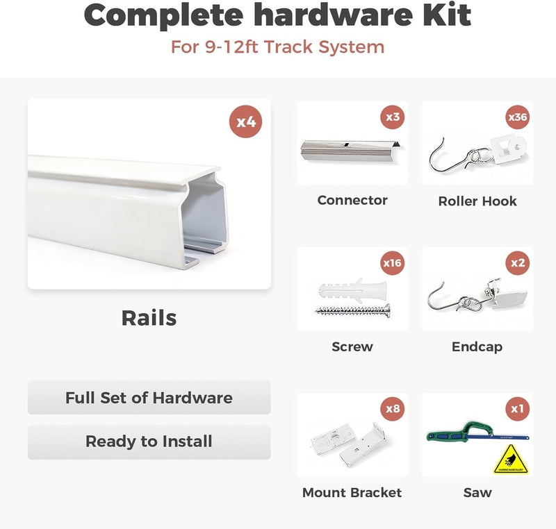 ChadMade Aluminum Ceiling Curtain Track Set with Hooks, 9ft - 12ft Adjustable Length Ceiling/Wall Mount Curtain Rail System For Grommet/Pleated Drape, RV Ceiling Track, White - Image 5