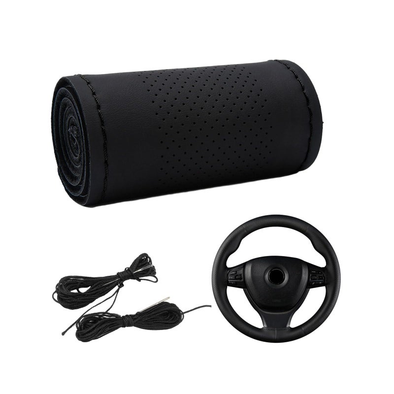 Dickno Car Steering Wheel Cover AntiSlip Stitch on Wrap Steering Wheel Protector for Max Diameter 15 Inch DIY Sewing with Needle Thread Universal Auto Accessories Black Middle Hole - Image 3