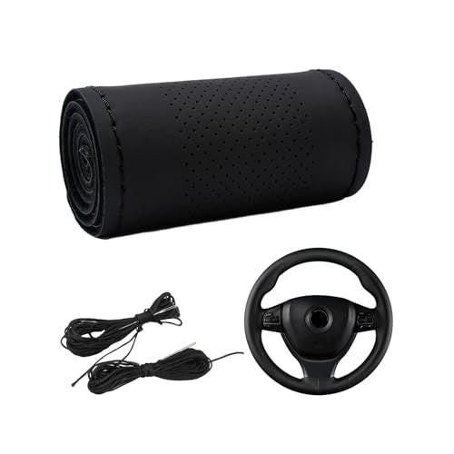 Dickno Car Steering Wheel Cover AntiSlip Stitch on Wrap Steering Wheel Protector for Max Diameter 15 Inch DIY Sewing with Needle Thread Universal Auto Accessories Black Middle Hole - Image 1