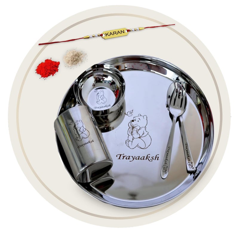 Savri Personalized Stainless Steel Meal Set with Your Kid's Name & Favorite Character Engraved Along with The Name Engraved Rakhi. Best Gifting Choice for Kids, Brother, Sister on rakshabandhan. - Image 1