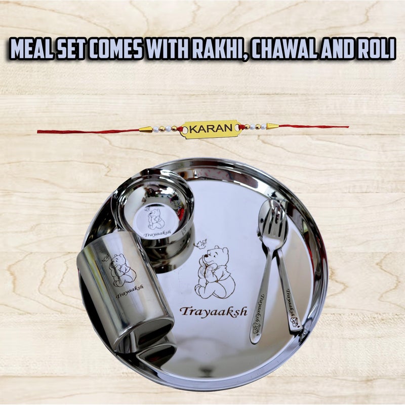 Savri Personalized Stainless Steel Meal Set with Your Kid's Name & Favorite Character Engraved Along with The Name Engraved Rakhi. Best Gifting Choice for Kids, Brother, Sister on rakshabandhan. - Image 4