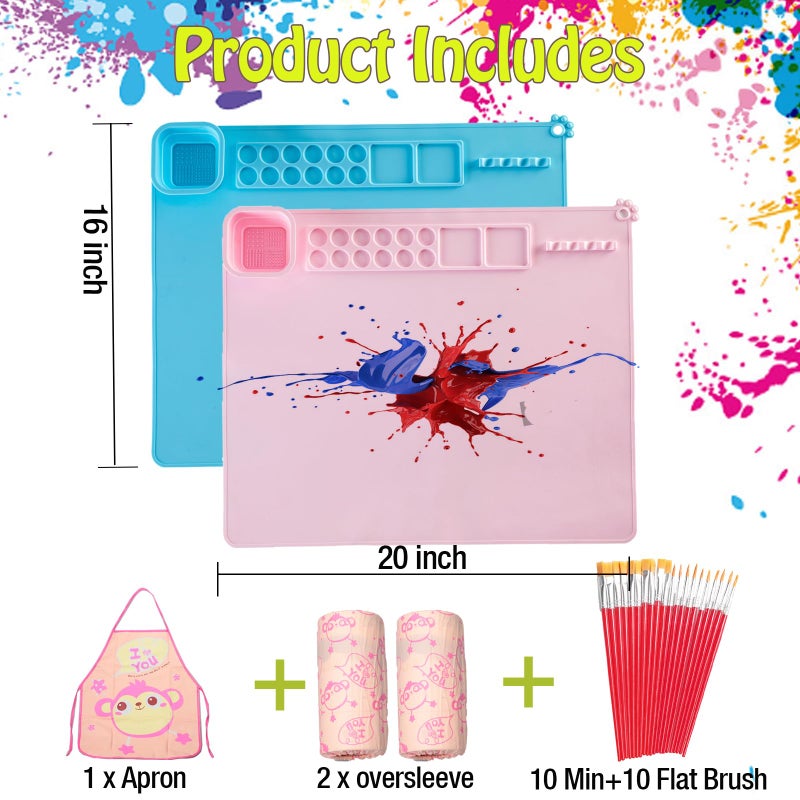Lymoc Silicone Painting Mat,Painting Stations Kit [1x Apron,1 Pair Oversleeve,20 Pieces Brushes] Craft Silicone Mats 21"X17" with Detachable Cup for Kids Gift,Paint, Clay, DIY Projects - Image 3