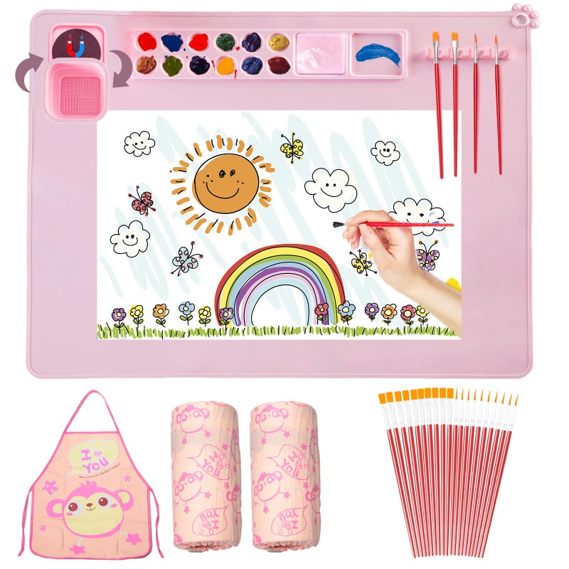 Lymoc Silicone Painting Mat,Painting Stations Kit [1x Apron,1 Pair Oversleeve,20 Pieces Brushes] Craft Silicone Mats 21"X17" with Detachable Cup for Kids Gift,Paint, Clay, DIY Projects - Image 1