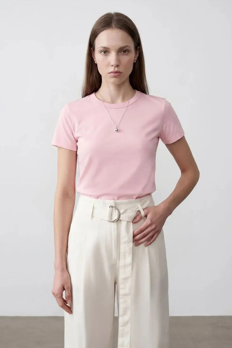 Dilvin Powder Pink DILVIN Women's Solid Crew Neck T-Shirt for Women | Best Price UAE