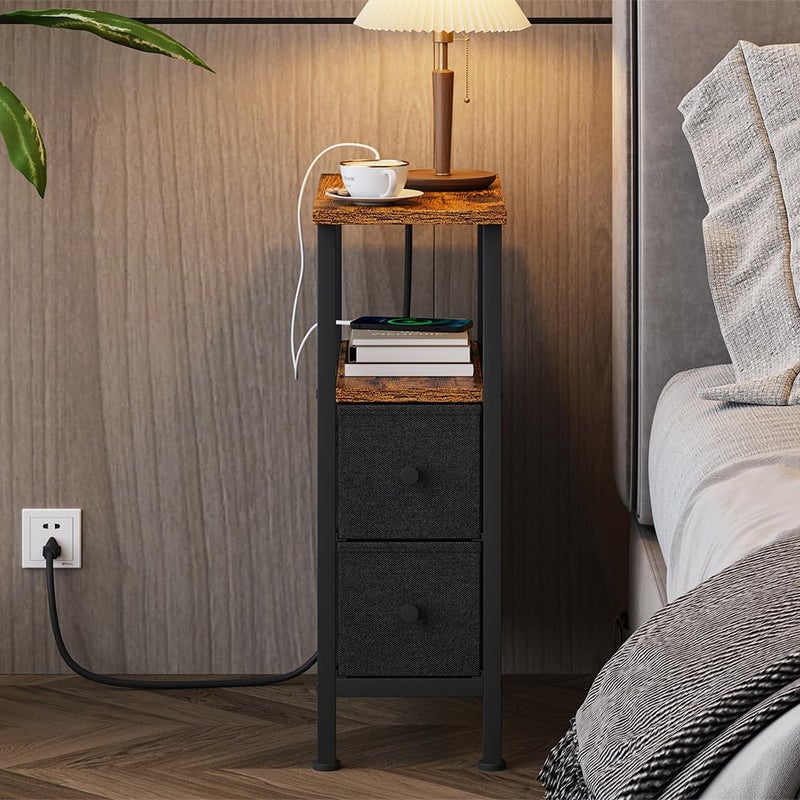 VIMBER Narrow Side Table for Small Spaces, Skinny End Table with Charging Station, Sofa Beside Table with 2 Drawers 1 Open Compartment, Slim Nightstand with USB Ports Outlet, Rustic and Brown UTBT005FV2 - Image 4