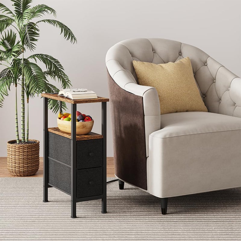VIMBER Narrow Side Table for Small Spaces, Skinny End Table with Charging Station, Sofa Beside Table with 2 Drawers 1 Open Compartment, Slim Nightstand with USB Ports Outlet, Rustic and Brown UTBT005FV2 - Image 1