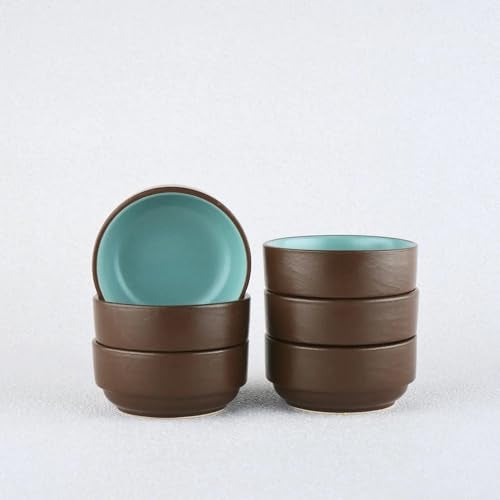 BLACKCARROT Ceramic Bowl Set of 6 | Microwave & Dishwasher Safe | Pattern : Brown & Blue | Ideal for Snacks, Soup, Rice, Dal, Curries, Sabji - Image 1