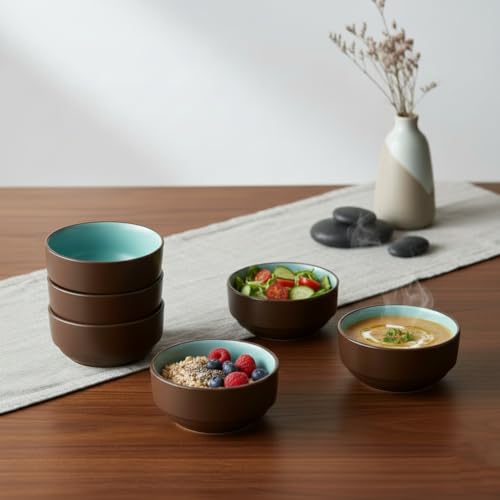 BLACKCARROT Ceramic Bowl Set of 6 | Microwave & Dishwasher Safe | Pattern : Brown & Blue | Ideal for Snacks, Soup, Rice, Dal, Curries, Sabji - Image 2