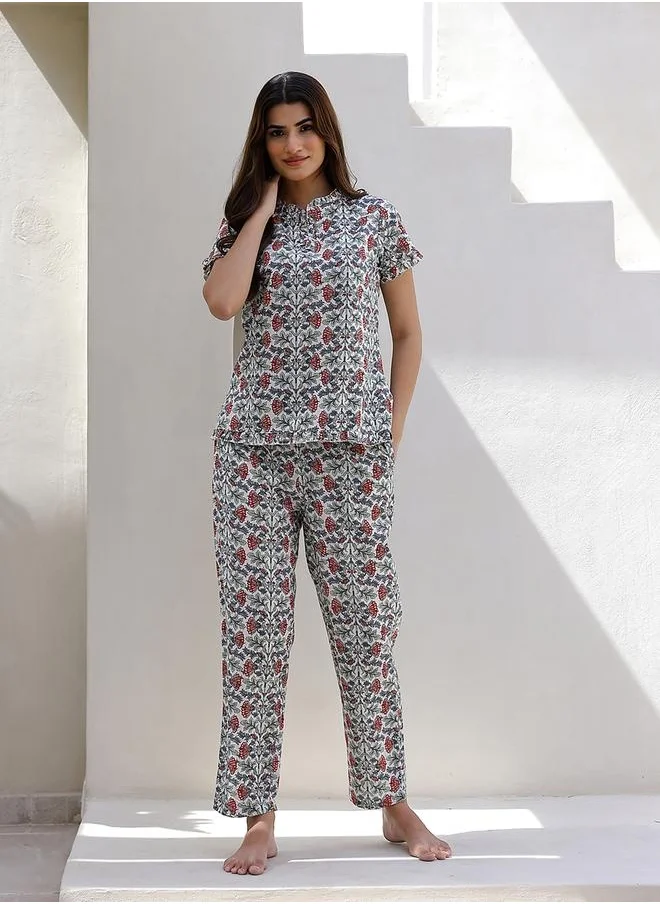 سانسكريتي هومز Floral Printed Cotton Top and Pyjama Set