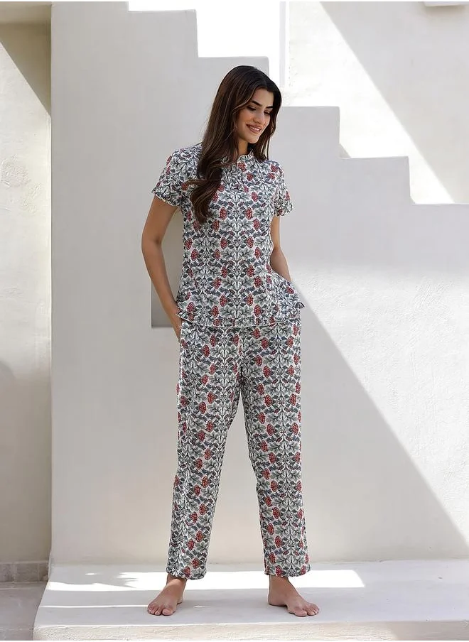 سانسكريتي هومز Floral Printed Cotton Top and Pyjama Set