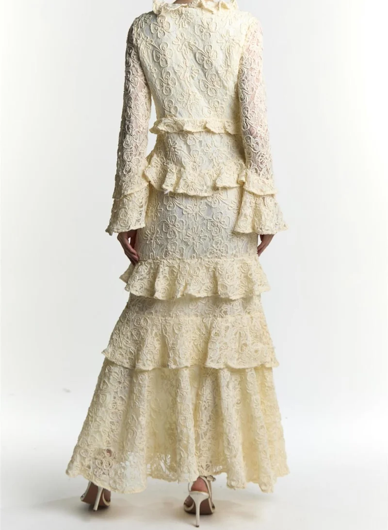 True Decadence Cream Abby Ruffle Collar Long Sleeve Maxi Dress