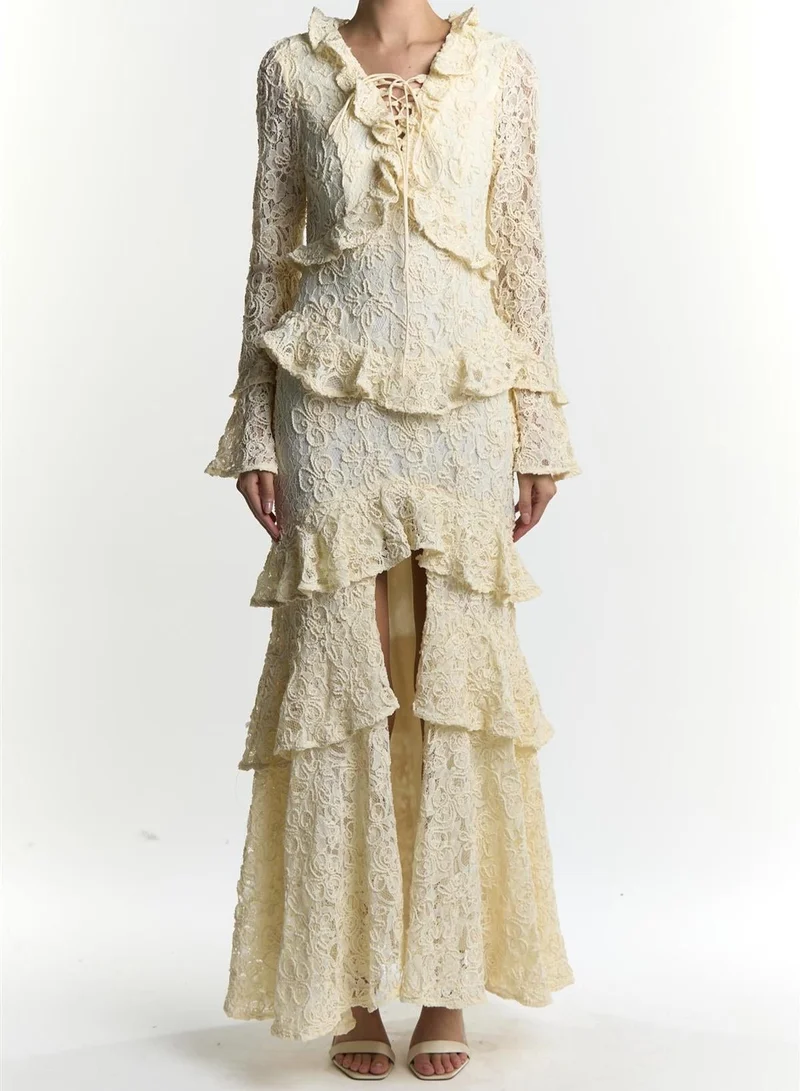True Decadence Cream Abby Ruffle Collar Long Sleeve Maxi Dress