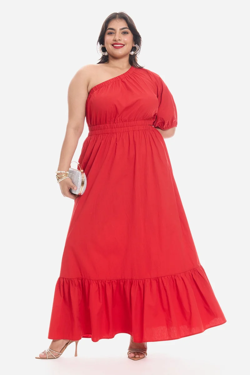 Virgio Solid Cotton One Shoulder Maxi Plus Size Dress for Women