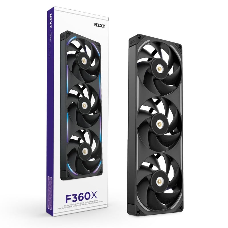 NZXT F360X Performance Single-Frame Fan - 3X 120mm PWM RGB PC Case Fans - Max Airflow & Static Pressure - Low Noise - LCP Frame & Blades - Magnetic Fluid Dynamic Bearing - 30mm Thick - Black - Image 1