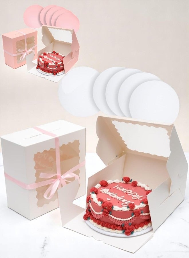 تصميم زينس صندوق كيك (أبيض أو وردي) 10 × 10 × 5 (5 مجموعات) مع نافذة و5 مجموعات من ألواح الكيك المستديرة 10 بوصات (أبيض أو وردي)، كيك 10 بوصات  - Image 1