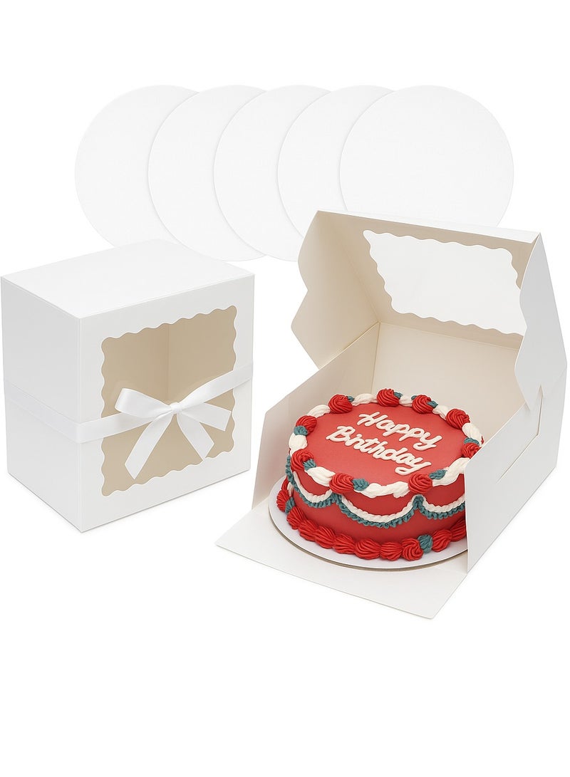 تصميم زينس صندوق كيك (أبيض أو وردي) 10 × 10 × 5 (5 مجموعات) مع نافذة و5 مجموعات من ألواح الكيك المستديرة 10 بوصات (أبيض أو وردي)، كيك 10 بوصات - Image 1