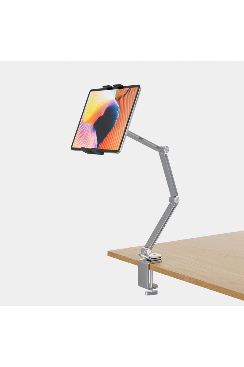 حامل تابلت فضي بثلاثة قضبان، قابل للدوران 360 درجة وزوايا قابلة للتعديل، متوافق مع أجهزة التابلت والهواتف و