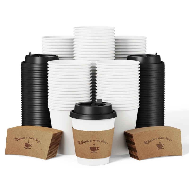 LITOPAK 100 Pack Disposable Coffee Cups with Lids and Kraft Sleeves 10 oz White Coffee Cups Paper coffee Cups for Hot Drinks