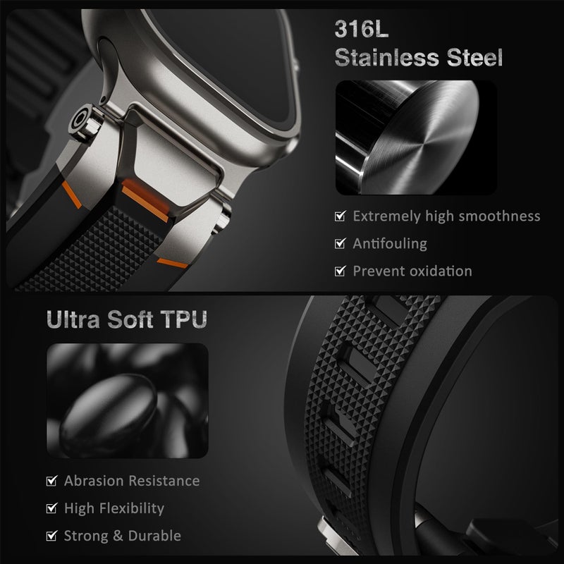 ULTIMAL Sport Band for Apple Watch 49mm/46mm/45mm/44mm, Soft TPU Strap with Stainless Steel Buckle & Connectors, Sweat-Resistant, Easy to Clean, Fits 155-225mm Wrist, for Apple watch Ultra 3/2/1, SE 3/2/1, Series 11/10/9/8/7/6/5/4 (Titanium/Black) - Image 3