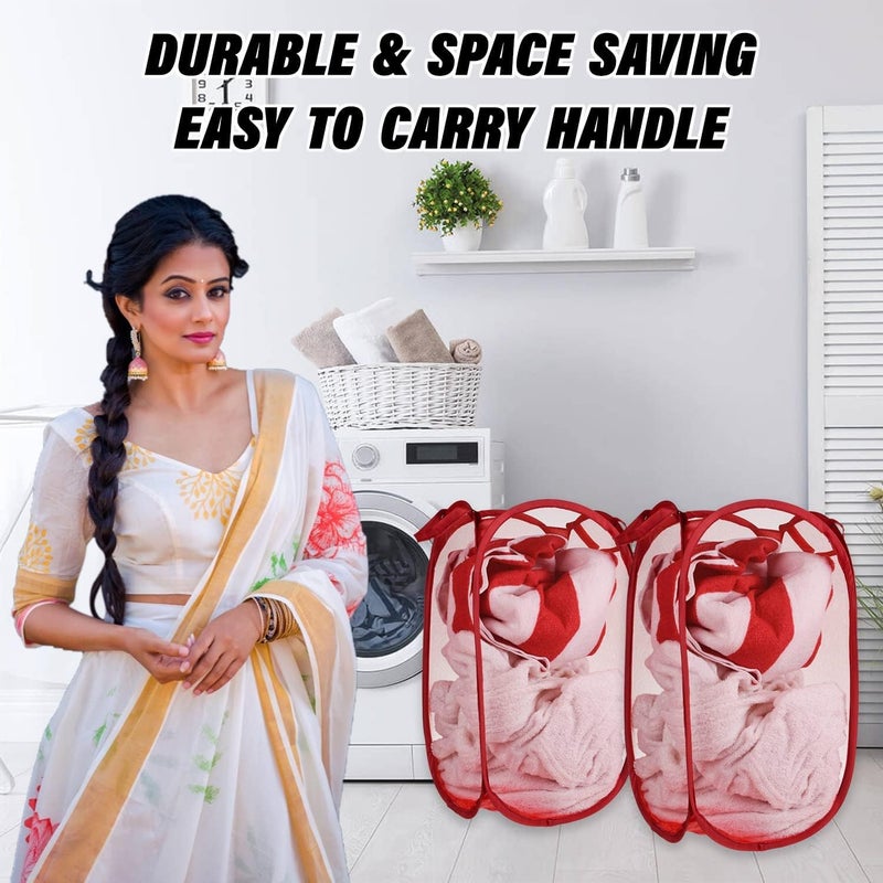 Kuber Industries Laundry Basket For Clothes|Foldable Pop-Up Laundry Bag|Netted Lightweight Toys Organizer|Reinforced Handles "30"LTR (Red) - Image 5
