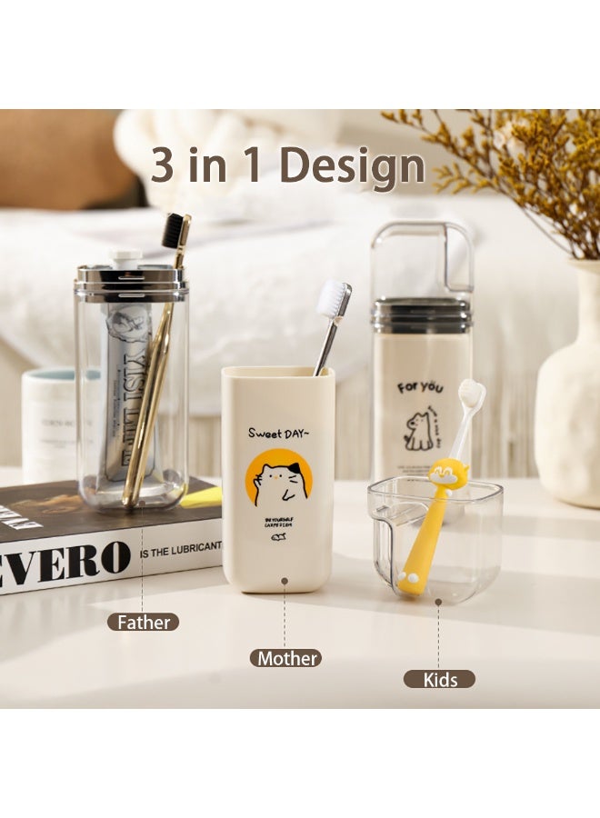 3 in 1 Travel Toothbrush Case, Cartoon Pattern Toothbrush Storage Box with 3 Separate Mouthwash Cup for Family Members, Portable Toothbrushe Holder for Travel, Home, School, Camping (NICE)  - Image 3
