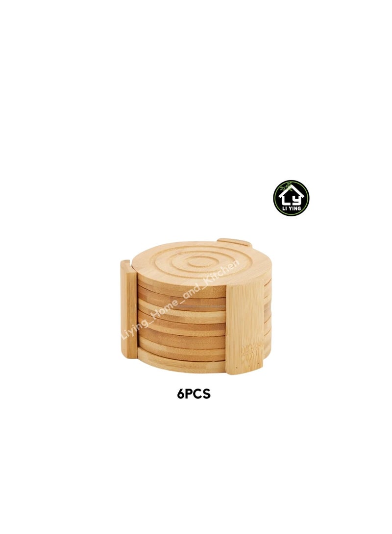 Liying 6Pcs Bamboo Wood 10*10cm Coasters with Holder for Coffee Table, Hot Drinks, Beverages, Planters Table top and Housewarming  - Image 1