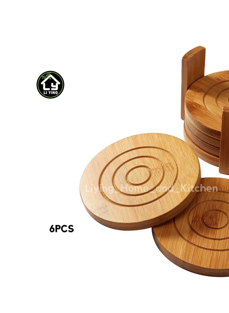 Liying 6Pcs Bamboo Wood 10*10cm Coasters with Holder for Coffee Table, Hot Drinks, Beverages, Planters Table top and Housewarming  - Image 4