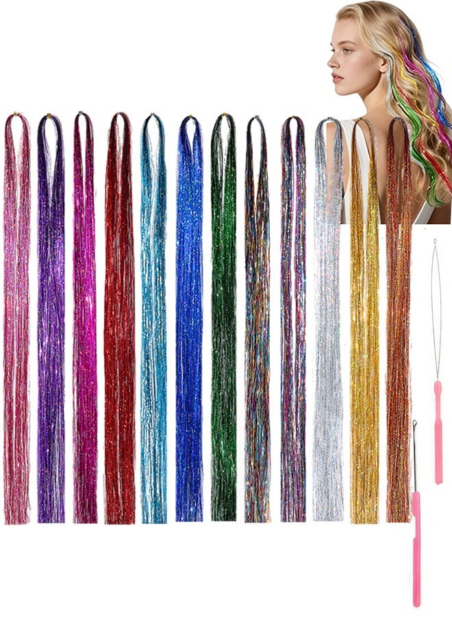 Happy D 12 Pieces Multicolor Sparkling Shiny Hair Tinsel 35.4 Inches Tinsel Hair Extensions Shiny Hair Accessories Sparkling Fairy Glitter Hair Extension for Women Girls Kids Festival Looks Party Costumes , Christmas Halloween School Events Daily Styling - Image 1