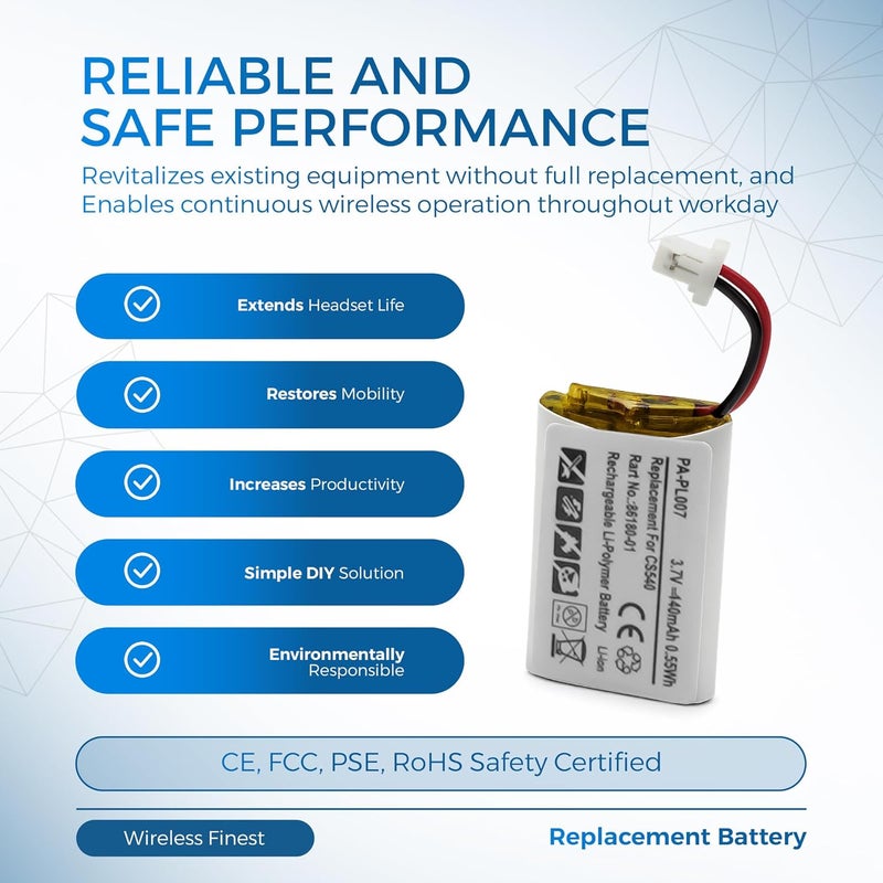 WirelessFinest بطارية بديلة لسماعة بلانترونيكس CS540 C054 اللاسلكية سماعات الرأس إصلاح لـ 86180-01، PL-86180-01 و 84479-01، بطارية قابلة للشحن من نوع لي-بوليمر، LI-POL، 140mA - Image 4