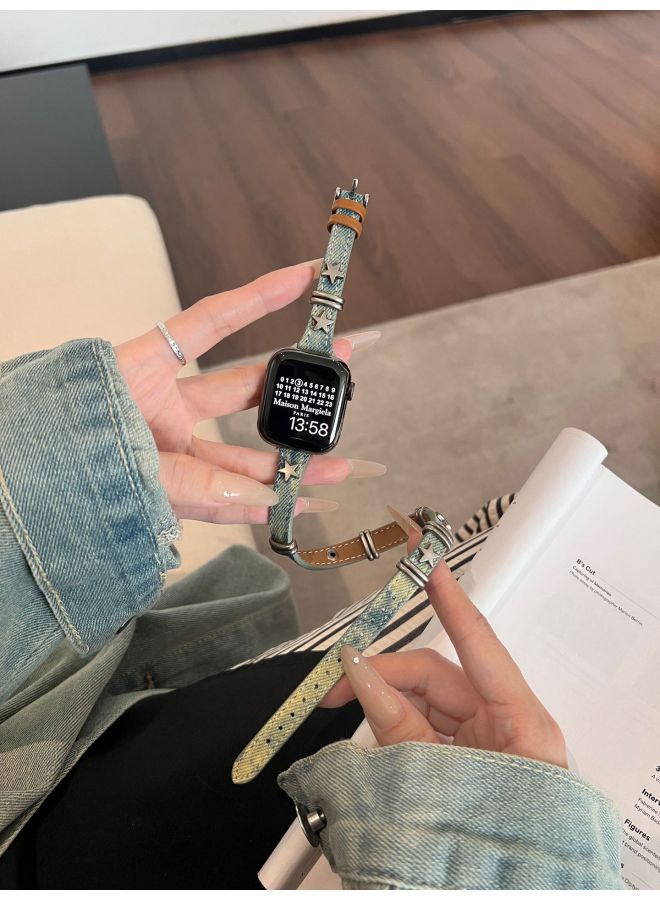 إسكدنيا حزام على شكل نجمة خماسية من الدنيم المغسول المصبوغ لساعة Apple Watch Iwatch98 الجيل 765 - اللون: أزرق قديم (نمط طويل) - المواصفات: 38/40/41 - Image 1