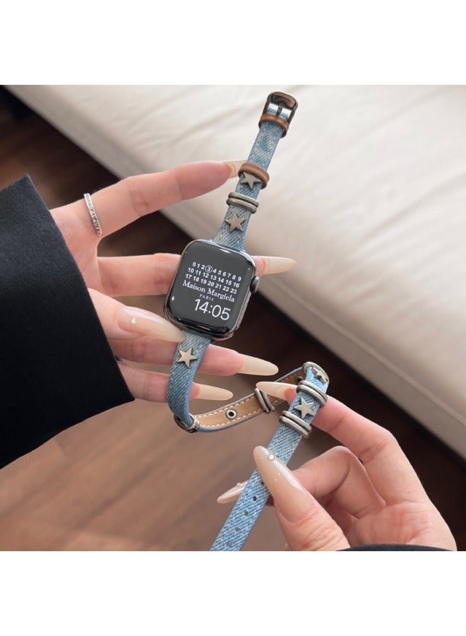 إسكدنيا حزام على شكل نجمة خماسية من الدنيم المغسول المصبوغ لساعة Apple Watch Iwatch98 الجيل 765 - اللون: أزرق قديم (نمط طويل) - المواصفات: 38/40/41 - Image 2