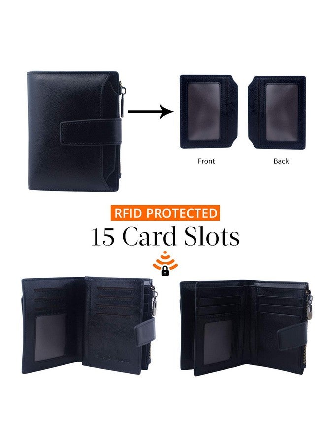 Bveyzi Women'S Small Leather Rfid Blocking Bifold Zipper Pocket Wallet Ladies Credit Card Slots Purse With Id Window(Black) - Image 3