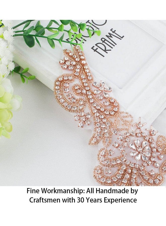 ShiDianYi Rhinestone Applique Rose Gold 2PCs Bridal Sash Applique,Crystal Pearl Sash Applique,Diamante Applique,Wedding Applique,Wedding Sash (Rose Gold 2PC) - Image 3