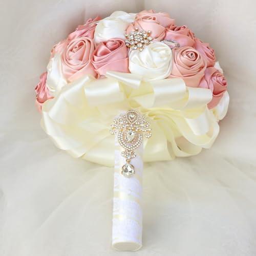 Gkvszy Blush Pink and Ivory Bridal Wedding Bouquet with Gold Brooch Bling Rhinestone Bouquet for Bride Bridesmaid Quinceanera Satin Dusty Rose Flower Bouquet Wedding Blush Pink and Ivory 7.5in - Image 5